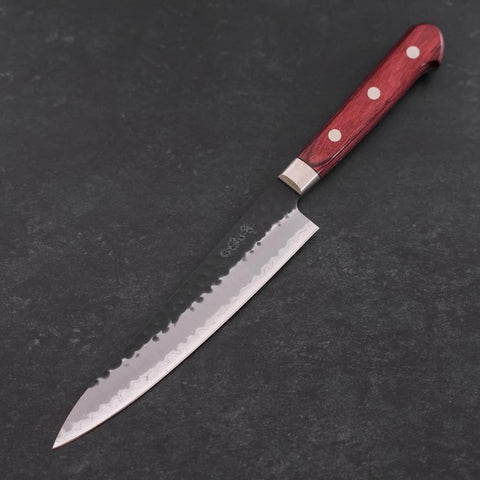 Petty Stainless Clad Blue Super Kurouchi Tsuchime Red Western Handle 150mm-[Musashi]-[Japanese-Kitchen-Knives]