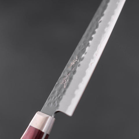 Petty Stainless Clad Blue Super Kurouchi Tsuchime Red Western Handle 150mm-[Musashi]-[Japanese-Kitchen-Knives]