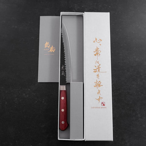 Petty Stainless Clad Blue Super Kurouchi Tsuchime Red Western Handle 150mm-[Musashi]-[Japanese-Kitchen-Knives]
