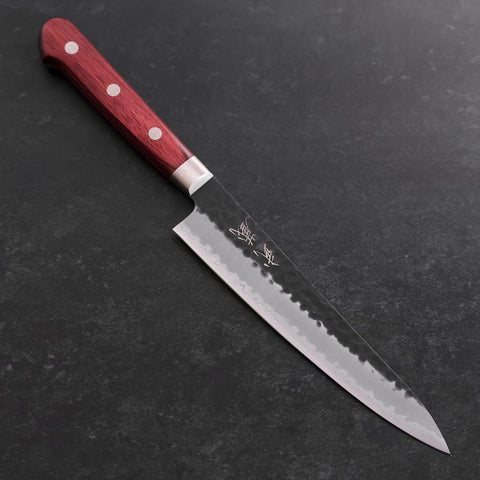 Petty Stainless Clad Blue Super Kurouchi Tsuchime Red Western Handle 150mm-[Musashi]-[Japanese-Kitchen-Knives]