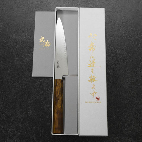 Petty VG-10 Damascus Yellow-Brown Birch Handle 150mm (5.9”)-[Musashi]-[Japanese-Kitchen-Knives]