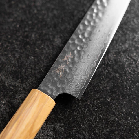 Petty VG-10 Tsuchime Damascus Olive Handle 150mm (5.9”)-[Musashi]-[Japanese-Kitchen-Knives]