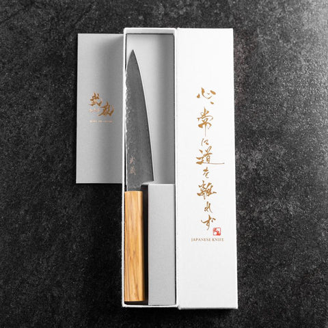 Petty VG-10 Tsuchime Damascus Olive Handle 150mm (5.9”)-[Musashi]-[Japanese-Kitchen-Knives]