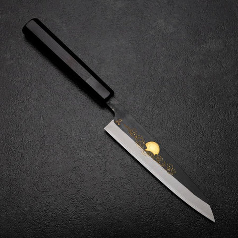 Petty White Steel #2 Stainless Clad Kurouchi Chokin Auspicious Cloud-Sun Buffalo Ebony Handle 150mm-[Musashi]-[Japanese-Kitchen-Knives]
