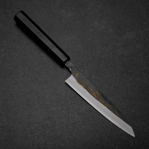 Petty White Steel #2 Stainless Clad Kurouchi Chokin Nami Buffalo Ebony Handle 150mm-[Musashi]-[Japanese-Kitchen-Knives]