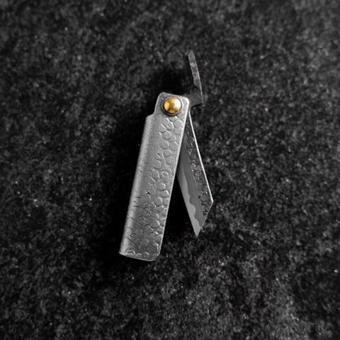 Pocket Knife White Steel #2 45mm Carbon Kurouchi Tsuchime Knifegata with Paulownia Wooden Box-[Musashi]-[Japanese-Kitchen-Knives]