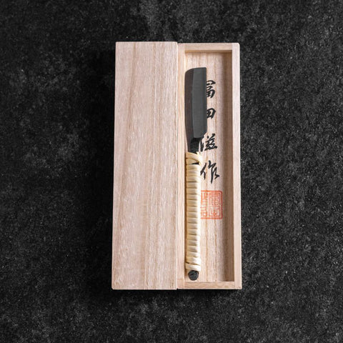 Razor/Kamisori Blue Steel #2 Kurouchi White Cord Handle 50mm with wooden box (2”)-[Musashi]-[Japanese-Kitchen-Knives]