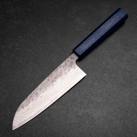 Santoku 440C Nashiji Damascus Blue Urushi Handle 165mm (6.5”)-[Musashi]-[Japanese-Kitchen-Knives]