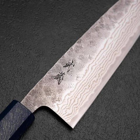 Santoku 440C Nashiji Damascus Blue Urushi Handle 165mm (6.5”)-[Musashi]-[Japanese-Kitchen-Knives]
