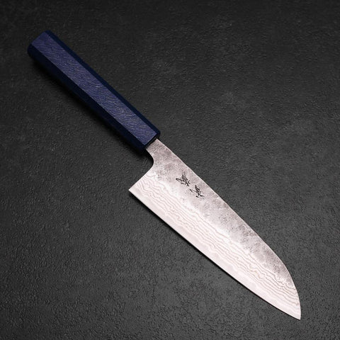 Santoku 440C Nashiji Damascus Blue Urushi Handle 165mm (6.5”)-[Musashi]-[Japanese-Kitchen-Knives]