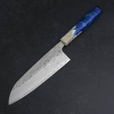 Santoku 440C Nashiji Damascus Ocean White Blue Handle 165mm-[Musashi]-[Japanese-Kitchen-Knives]