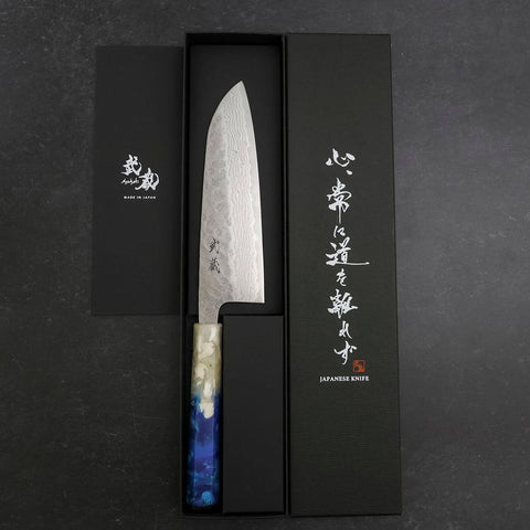 Santoku 440C Nashiji Damascus Ocean White Blue Handle 165mm-[Musashi]-[Japanese-Kitchen-Knives]