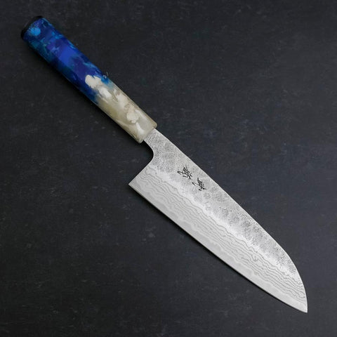Santoku 440C Nashiji Damascus Ocean White Blue Handle 165mm-[Musashi]-[Japanese-Kitchen-Knives]