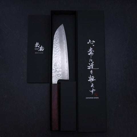 Santoku AUS-10 Mirror Tsuchime Damascus Purple Urushi Handle 165mm-[Musashi]-[Japanese-Kitchen-Knives]