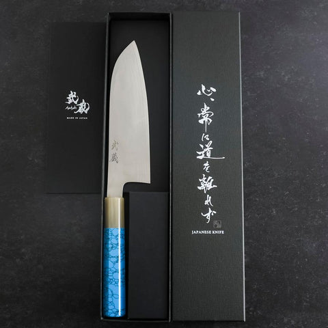 Santoku AUS-10 Nickel Damascus Buffalo Turquoise Handle 170mm-[Musashi]-[Japanese-Kitchen-Knives]