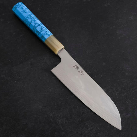 Santoku AUS-10 Nickel Damascus Buffalo Turquoise Handle 170mm-[Musashi]-[Japanese-Kitchen-Knives]