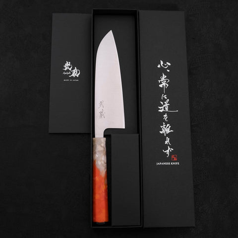 Santoku AUS-10 Polished Ocean Orange & White Handle 165mm (6.5”)-[Musashi]-[Japanese-Kitchen-Knives]