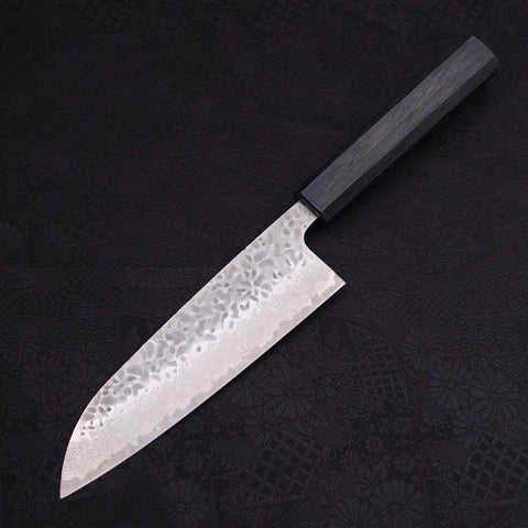 Santoku AUS-10 Tsuchime Damascus Dark-Blue Urushi Handle 165mm (6.5”)-[Musashi]-[Japanese-Kitchen-Knives]