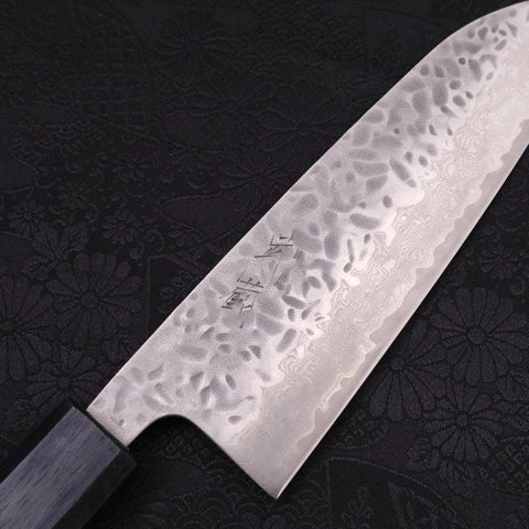 Santoku AUS-10 Tsuchime Damascus Dark-Blue Urushi Handle 165mm (6.5”)-[Musashi]-[Japanese-Kitchen-Knives]