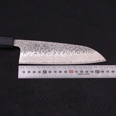 Santoku AUS-10 Tsuchime Damascus Dark-Blue Urushi Handle 165mm (6.5”)-[Musashi]-[Japanese-Kitchen-Knives]