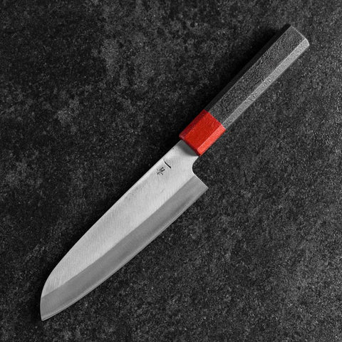 Santoku Blue Steel #1 Stainless Clad Polished Red and Black Urushi Handle 165mm (6.5”)-[Musashi]-[Japanese-Kitchen-Knives]