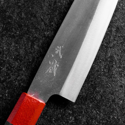 Santoku Blue Steel #1 Stainless Clad Polished Red and Black Urushi Handle 165mm (6.5”)-[Musashi]-[Japanese-Kitchen-Knives]