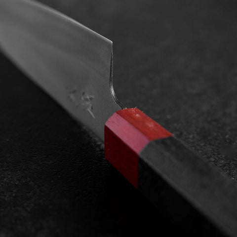 Santoku Blue Steel #1 Stainless Clad Polished Red and Black Urushi Handle 165mm (6.5”)-[Musashi]-[Japanese-Kitchen-Knives]