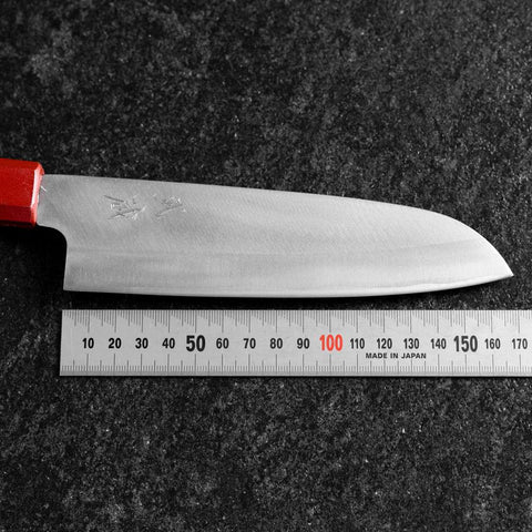 Santoku Blue Steel #1 Stainless Clad Polished Red and Black Urushi Handle 165mm (6.5”)-[Musashi]-[Japanese-Kitchen-Knives]