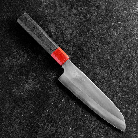 Santoku Blue Steel #1 Stainless Clad Polished Red and Black Urushi Handle 165mm (6.5”)-[Musashi]-[Japanese-Kitchen-Knives]