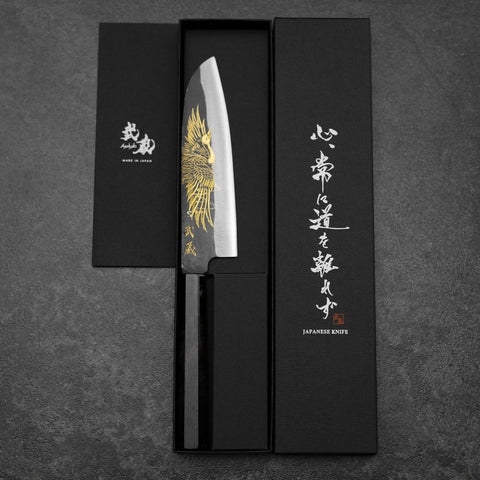 Santoku Blue Steel #2 Kurouchi Chokin Crane Buffalo Ebony Handle 165mm-[Musashi]-[Japanese-Kitchen-Knives]