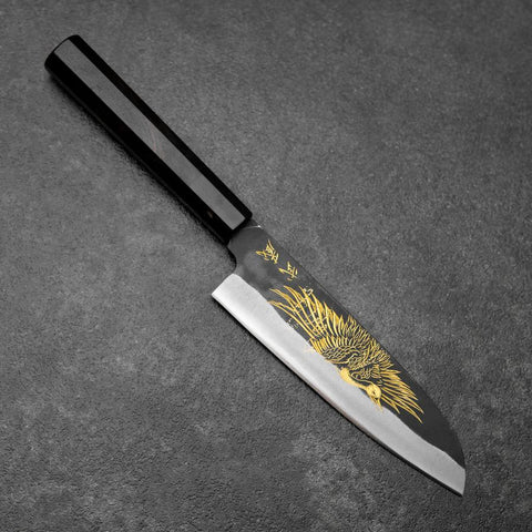Santoku Blue Steel #2 Kurouchi Chokin Crane Buffalo Ebony Handle 165mm-[Musashi]-[Japanese-Kitchen-Knives]