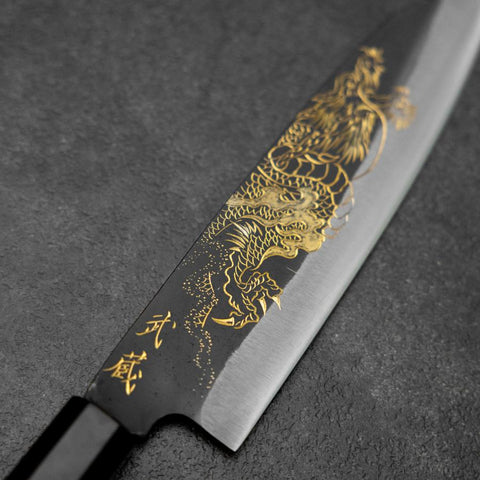 Santoku Blue Steel #2 Kurouchi Chokin Dragon Buffalo Ebony Handle 165mm (6.5”)-[Musashi]-[Japanese-Kitchen-Knives]