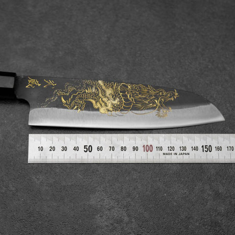 Santoku Blue Steel #2 Kurouchi Chokin Dragon Buffalo Ebony Handle 165mm (6.5”)-[Musashi]-[Japanese-Kitchen-Knives]