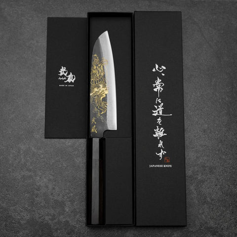 Santoku Blue Steel #2 Kurouchi Chokin Dragon Buffalo Ebony Handle 165mm (6.5”)-[Musashi]-[Japanese-Kitchen-Knives]
