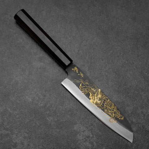 Santoku Blue Steel #2 Kurouchi Chokin Dragon Buffalo Ebony Handle 165mm (6.5”)-[Musashi]-[Japanese-Kitchen-Knives]