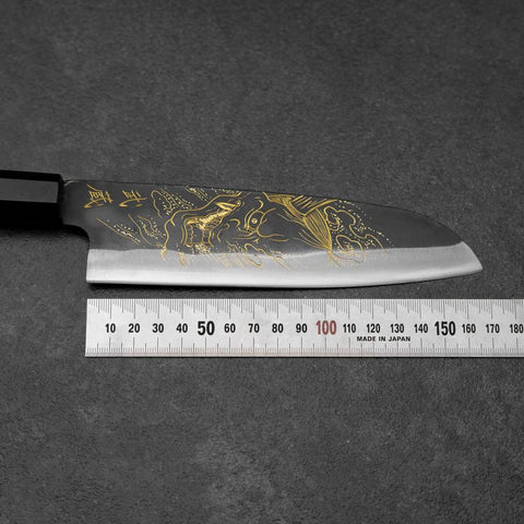 Santoku Blue Steel #2 Kurouchi Chokin Hannya Buffalo Ebony Handle 165mm (6.5”)-[Musashi]-[Japanese-Kitchen-Knives]