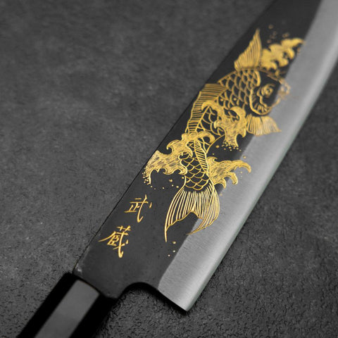 Santoku Blue Steel #2 Kurouchi Chokin Koi Buffalo Ebony Handle 165mm (6.5”)-[Musashi]-[Japanese-Kitchen-Knives]
