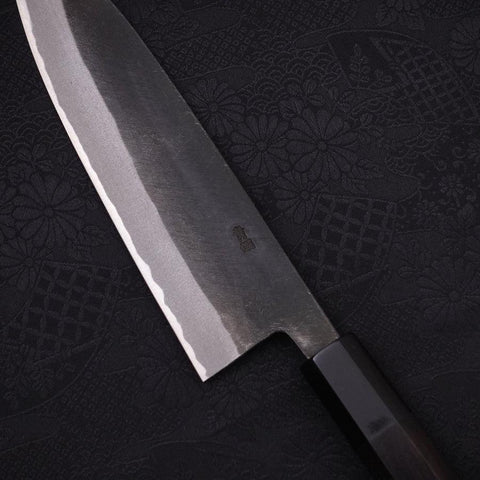 Santoku Blue Steel #2 Kurouchi Chokin Nami-Fuji Buffalo Ebony Handle 170mm (6.7”)-[Musashi]-[Japanese-Kitchen-Knives]