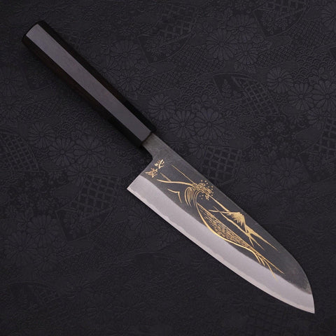 Santoku Blue Steel #2 Kurouchi Chokin Nami-Fuji Buffalo Ebony Handle 170mm (6.7”)-[Musashi]-[Japanese-Kitchen-Knives]