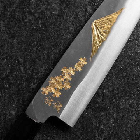 Santoku Blue Steel #2 Kurouchi Chokin Sakura-Fuji Buffalo Ebony Handle 165mm (6.5”)-[Musashi]-[Japanese-Kitchen-Knives]