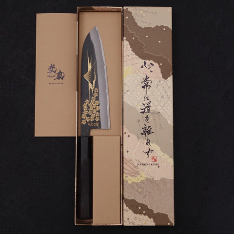 Santoku Blue Steel #2 Kurouchi Chokin Sakura-Fuji Buffalo Ebony Handle 170mm (6.7”)-[Musashi]-[Japanese-Kitchen-Knives]