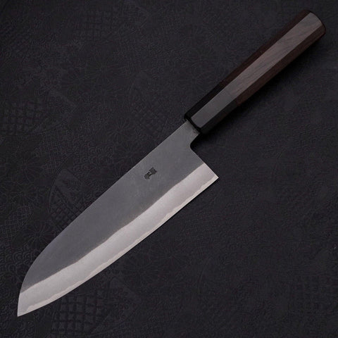Santoku Blue Steel #2 Kurouchi Chokin Sakura-Fuji Buffalo Ebony Handle 170mm (6.7”)-[Musashi]-[Japanese-Kitchen-Knives]