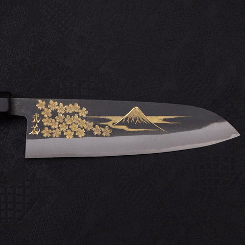 Santoku Blue Steel #2 Kurouchi Chokin Sakura-Fuji Buffalo Ebony Handle 170mm (6.7”)-[Musashi]-[Japanese-Kitchen-Knives]