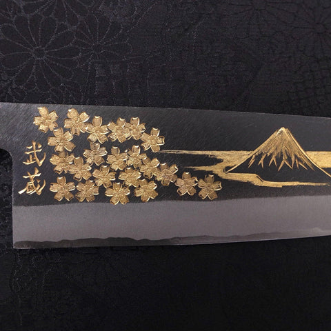 Santoku Blue Steel #2 Kurouchi Chokin Sakura-Fuji Buffalo Ebony Handle 170mm (6.7”)-[Musashi]-[Japanese-Kitchen-Knives]