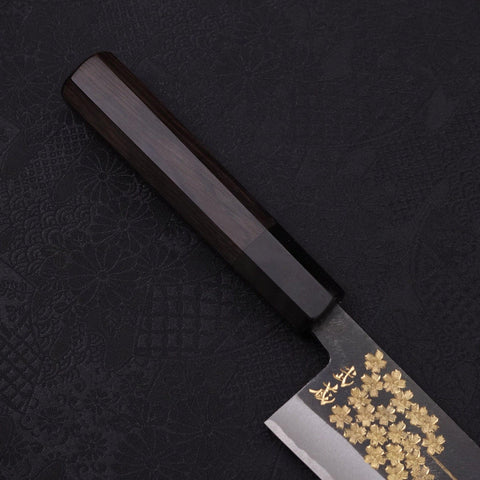 Santoku Blue Steel #2 Kurouchi Chokin Sakura-Fuji Buffalo Ebony Handle 170mm (6.7”)-[Musashi]-[Japanese-Kitchen-Knives]