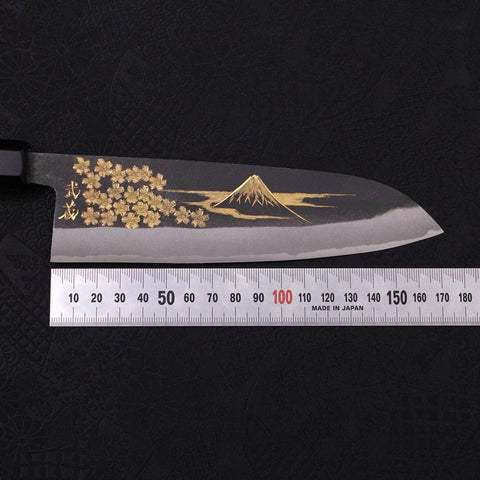Santoku Blue Steel #2 Kurouchi Chokin Sakura-Fuji Buffalo Ebony Handle 170mm (6.7”)-[Musashi]-[Japanese-Kitchen-Knives]