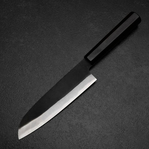 Santoku Blue Steel #2 Kurouchi Chokin Samurai Full Moon Buffalo Ebony Handle 165mm (6.5”)
