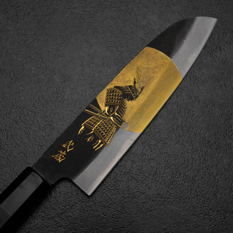 Santoku Blue Steel #2 Kurouchi Chokin Samurai Full Moon Buffalo Ebony Handle 165mm (6.5”)