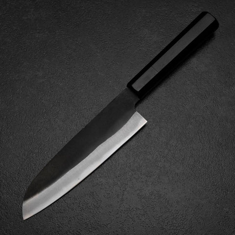 Santoku Blue Steel #2 Kurouchi Chokin Samurai New Moon Buffalo Ebony Handle 165mm (6.5”)