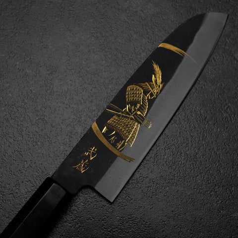 Santoku Blue Steel #2 Kurouchi Chokin Samurai New Moon Buffalo Ebony Handle 165mm (6.5”)